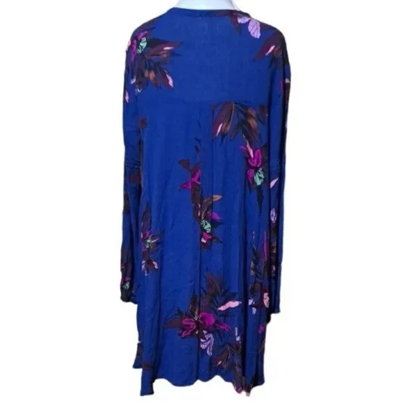 Free People Dress Women XS Tree Swing Blue Tunic Floral Keyhole Boho Long Sleeve - Picture 5 of 9